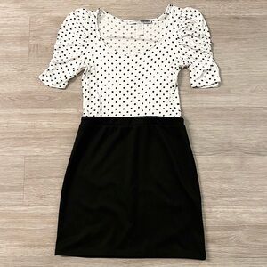 Black & White Polka Dot Ruche Puff Sleeve Bodycon Retro Dress Small
